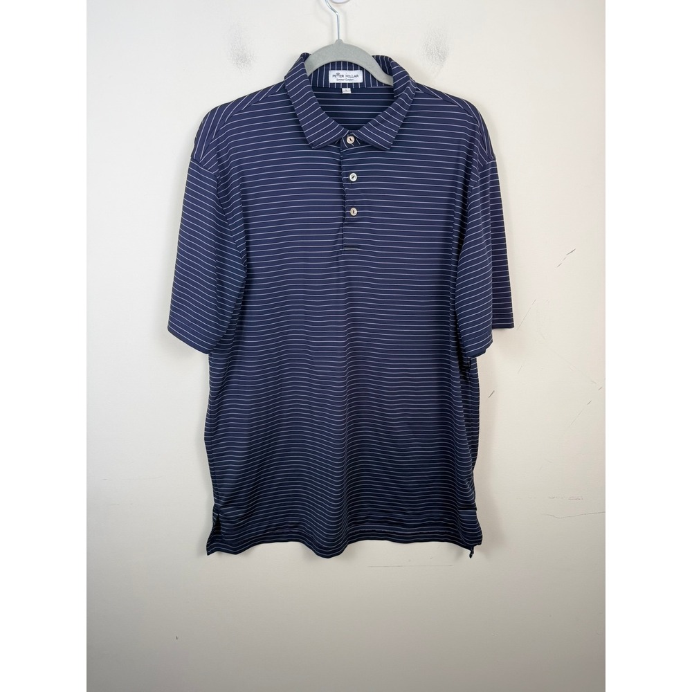 Peter Millar Summer Comfort Mens Large Navy Blue Striped Golf Polo Shirt